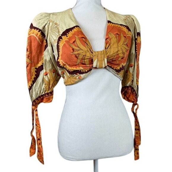 Nocturne Linen Blend Boho Crop Top Tie Puff Sleeves Gold Brown Orange Medium - Picture 2 of 15